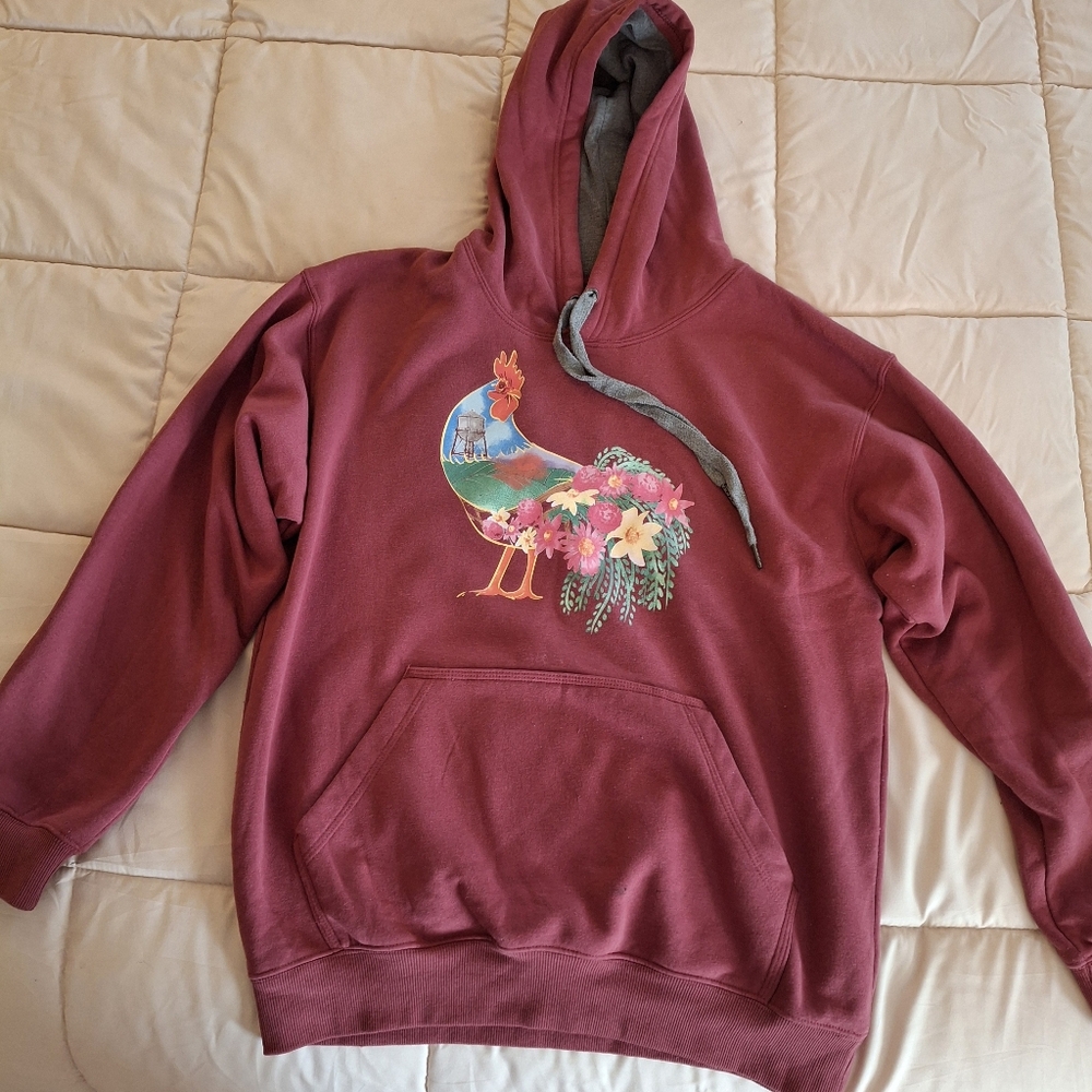 Lincoln Outfitters Burgundy Hoodie with Colorful Rooster Design